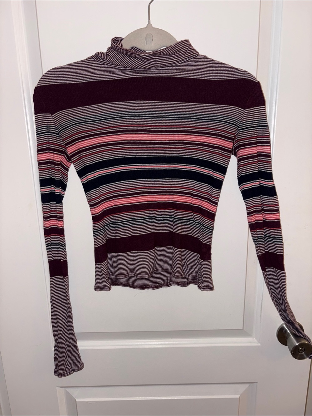 Striped Long Sleeve Turtle Neck Top - Burgundy, Pink, Navy